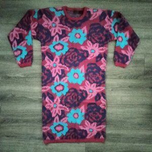 Ivy Vintage 80’s Bold Color Fuzzy Floral Sweater Knit Dress Size L Pink Purple